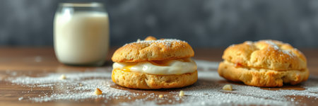 Soft baked cookies with cream filling and a glass of milk on a wooden tableの素材