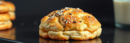 Freshly baked bread rolls with sesame seeds displayed on a dark countertopの素材