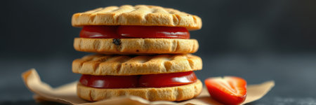 Delicious homemade cookies filled with vibrant strawberry preserves on a stylish dark backgroundの素材