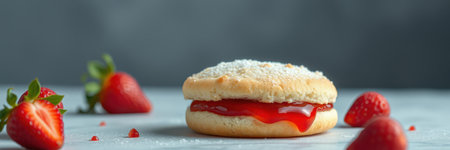 Delicious strawberry jam-filled biscuit with fresh strawberries on a marble surfaceの素材