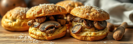 Delicious mushroom-stuffed pastries on a wooden surface with a cozy kitchen backdropの素材