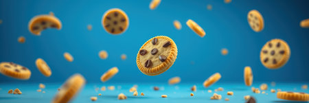 Cookies float in mid-air against a bright blue background creating a whimsical dessert atmosphereの素材