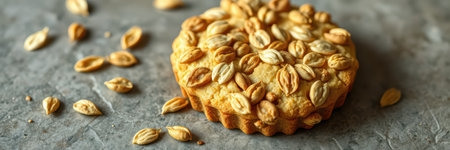 Delicious homemade pumpkin seed tart with a rich crust and toasted seeds displayed on a textured gray surfaceの素材