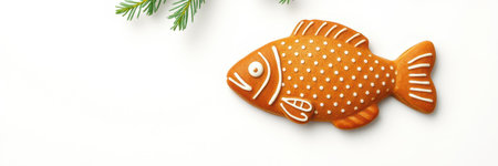 Gingerbread fish decoration on white background during holiday season with evergreen sprigの素材
