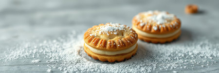 Delightful cookies with creamy filling and powdered sugar topping arranged on a wooden surfaceの素材