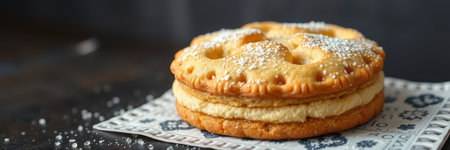 Delicious layered pastry filled with creamy filling and dusted with powdered sugar on decorative paperの素材