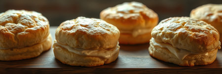Freshly baked biscuits with creamy filling served on a wooden tray in a cozy settingの素材