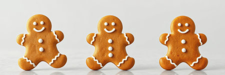 Delightful gingerbread cookies arranged in a row on a light background during the holiday seasonの素材
