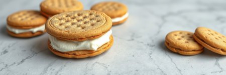 Delicious cookie sandwiches with cream filling arranged on a marble surfaceの素材