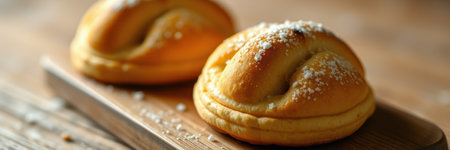 Freshly baked sweet rolls dusted with powdered sugar on a wooden serving boardの素材