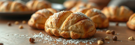 Freshly baked croissants on a wooden table with powdered sugar and nuts in a warm kitchen settingの素材