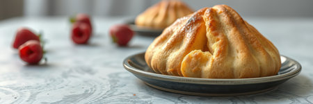Fresh baked pastries on a plate with strawberries arranged beautifully on a tableの素材