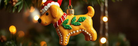 Festive ornament of a yellow dog hanging on a Christmas tree with warm lights glowing in the backgroundの素材