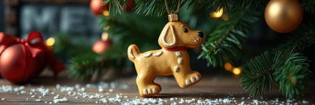 Cute golden dog ornament hanging from a Christmas tree surrounded by decorative elementsの素材