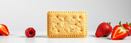 Delicious shortbread cookie surrounded by fresh strawberries and raspberries on a clean white backdropの素材