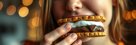 Enjoying a delicious smore treat with chocolate and marshmallow during a cozy evening gatheringの素材