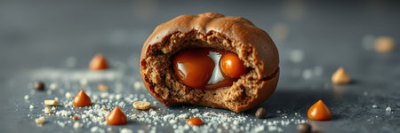 Delicious sweet treat with a rich chocolate exterior and caramel filling on a dark surface surrounded by dessert toppingsの素材