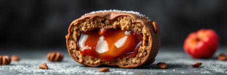 Delicious chocolate dessert filled with caramel and nuts showcased on a dark surfaceの素材