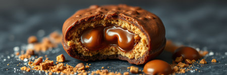 Delicious caramel-filled cookie treat served on a dark textured background with crumbs scattered aroundの素材