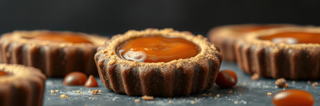 Delicious chocolate tarts filled with caramel arranged on a table in a cozy kitchen settingの素材