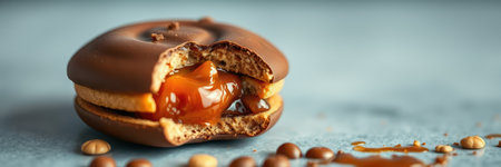 Delicious chocolate biscuit with caramel filling displayed on a blue surface with scattered chocolate dropsの素材