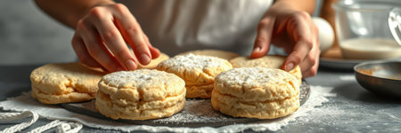 Baker preparing fresh biscuits on a kitchen counter with flour and ingredients nearbyの素材