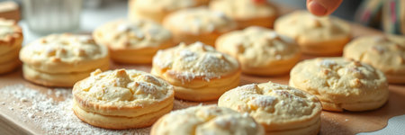 Baking delicious cookies with powdered sugar on a wooden board in a cozy kitchenの素材