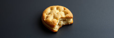 Bite taken out of a freshly baked cookie on a dark backgroundの素材