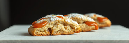 Freshly baked cookies filled with fruit preserve arranged on a marble platter in a cozy kitchen settingの素材