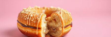 Delicious donut with a chocolate filling and a bite taken out, set against a vibrant pink backgroundの素材