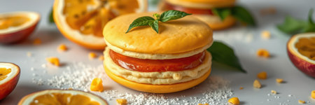 Delicious dessert featuring creamy filling between two golden cookies topped with fresh mint and surrounded by tropical fruitsの素材
