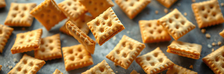 Deliciously golden crackers scattered on a textured surface, captured with a dynamic angleの素材