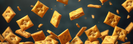 Crunchy crackers scattered in mid-air against a dark background showcasing motion and textureの素材