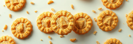 Baked orange cookies arranged creatively on a light surface with crumbs scattered around during daytimeの素材
