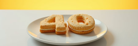 Cookies shaped as the number 40 on a white plate with a bright yellow backgroundの素材