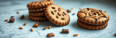 Delicious cookies and chocolate pieces arranged on a textured surface in a warm, inviting settingの素材