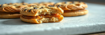 Delicious cookies filled with caramel and topped with chocolate sprinkles on a marble surfaceの素材