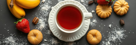 Freshly brewed tea with cookies and fruits arranged on a table for a delightful afternoon snack experienceの素材
