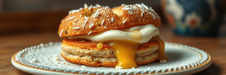 Savory breakfast sandwich with creamy filling and honey drizzle served on a decorative plateの素材