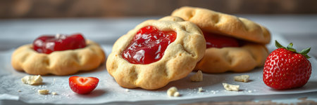 Delicious homemade cookies filled with strawberry jam and fresh strawberries on a wooden tableの素材