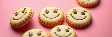 Smiling cookies arranged on a pink surface ready for a delightful treat during a cheerful gatheringの素材