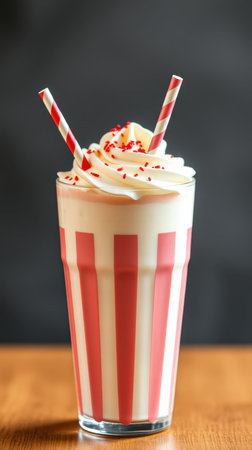 Creamy milkshake with red and white stripes garnished with whipped cream and sprinkles served in a tall glassの素材