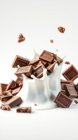 Chocolate pieces splashing in white milk create a delightful contrast in motion and textureの素材