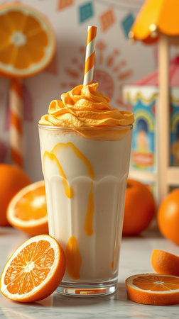 Refreshing orange smoothie topped with whipped cream and sweet syrup in a vibrant settingの素材