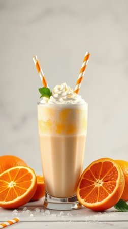 Refreshing orange cream smoothie topped with whipped cream and striped straws served with fresh orangesの素材
