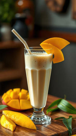 Refreshing mango smoothie served with fresh fruit in a cozy cafÃ© settingの素材