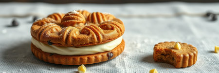 Delicious creamy sandwich cookie with chocolate chips and a broken biscuit on a light textured backgroundの素材