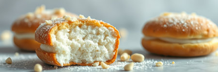 Sweet cream-filled pastries with a crunchy topping and a soft dough on a light backgroundの素材
