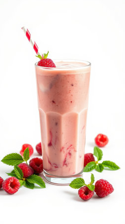 Refreshing raspberry smoothie served in a tall glass with fresh raspberries and mint on a white backgroundの素材