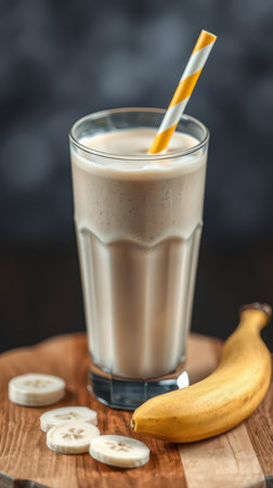 Delicious banana smoothie in a glass served with fresh banana slices on a wooden tableの素材